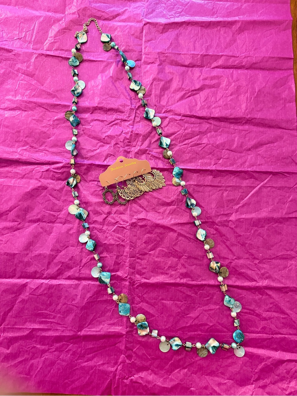 Handcrafted Turquoise Shell Bead Long Necklace With Silver Earrings Set